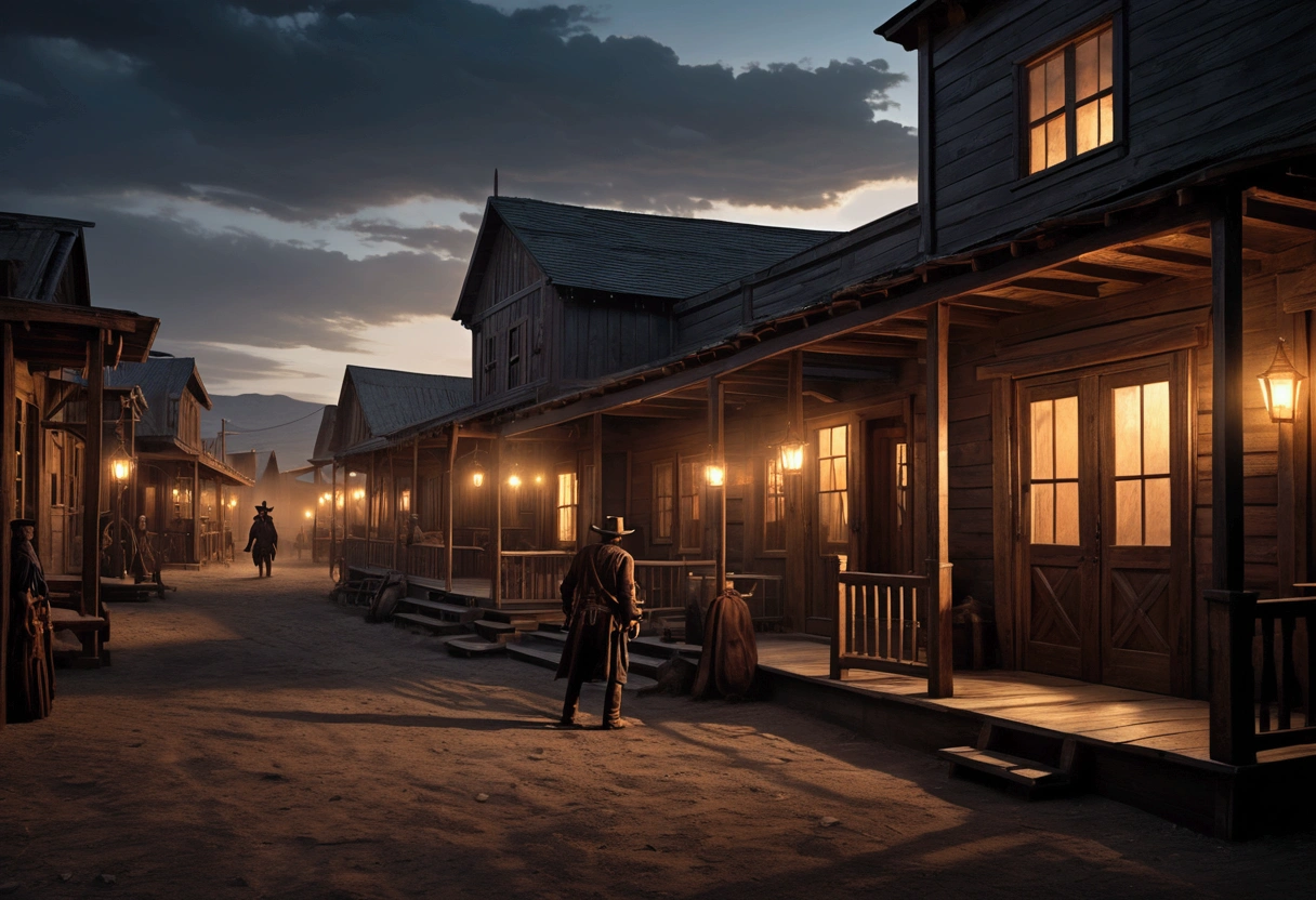 a cowboy (John Wayne) in an old West town, has shot dead Eldari witches, scared people watching from shadows, Warhammer 40k, dark fantasy, cinematic lighting, highly detailed, realistic, photorealistic, dramatic, masterpiece, 8k, HDR, volumetric lighting, intricate details, moody atmosphere, dynamic pose, chiaroscuro, golden hour, dramatic shadows, rich textures
