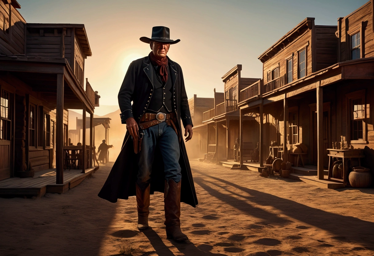 a cowboy (John Wayne) in an old West town, has shot dead Eldari witches, scared people watching from shadows, Warhammer 40k, dark fantasy, cinematic lighting, highly detailed, realistic, photorealistic, dramatic, masterpiece, 8k, HDR, volumetric lighting, intricate details, moody atmosphere, dynamic pose, chiaroscuro, golden hour, dramatic shadows, rich textures
