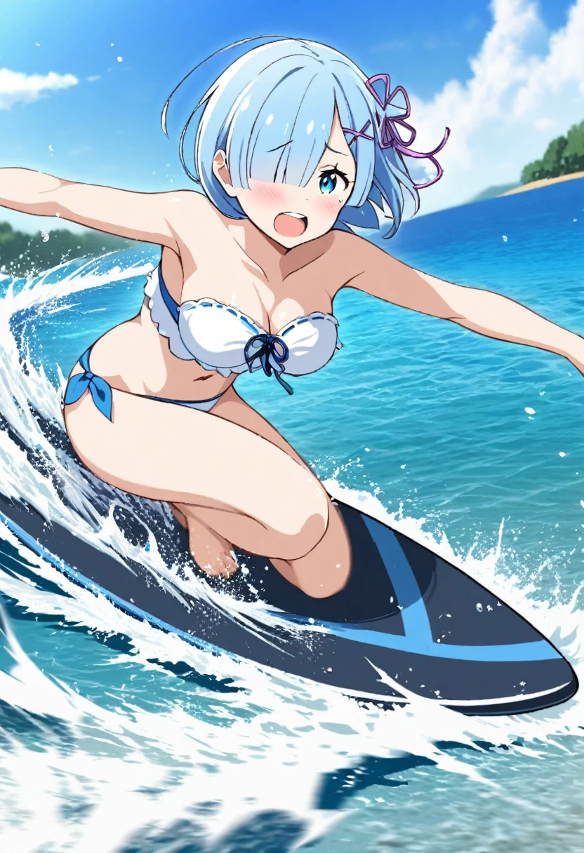 1girl, rem (re:zero), re:zero kara hajimeru isekai seikatsu, flower pattern bikii,bandeau bikini, surfing, riding wave, riding a surfboard, ocean spray, palm trees on shore, clear blue sky, exhilarated expression, hair windswept, motion blur effect, running pose, streaked background, sense of speed, masterpiece, best quality, absrederes

