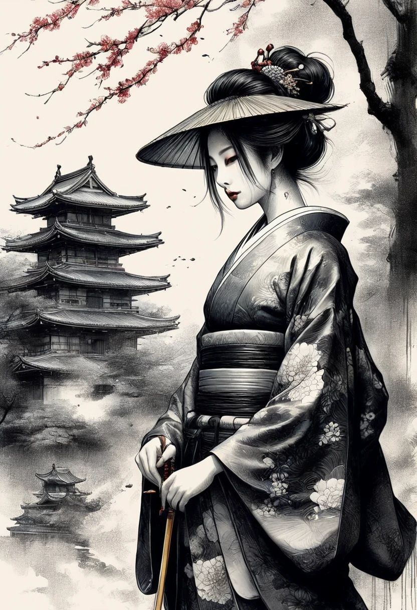 Sumi-e style,Ink and ink painting,Black and white painting,splash,from behind,whole body,Oiran,luxurious makeup,(Gorgeous costumes,A kimono with a wide open back collar from the nape to the back:1.2),(Oiranの髪飾り,Big Barrel,Disheveled Hair),Large umbrella,(Smoke pipe),Osaka Castle seen in the distance,Dynamic movement and powerful brushstrokes、Drawing strokes drawn with rot ring 0,
