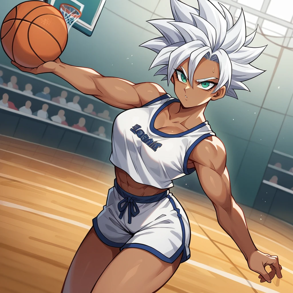 1girl, alone, Saiyan, spiky white hair combed back , green eyes, slim, thin waist, wide hips, dark skin, medium breasts,shirt number 10, white sports shorts, shooting ball into the basket, making a dunk, on a street basketball court