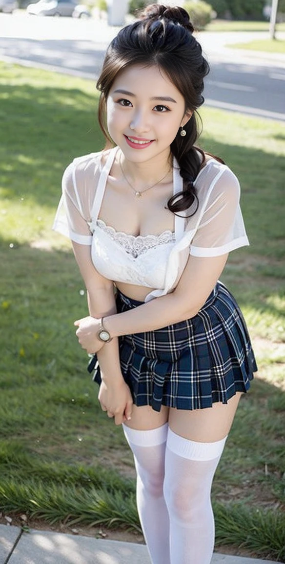 highest quality、High resolution、Super detailed、masterpiece、(Live shooting:1.5)、genuine:1.5、photogenuineistic:1.5、very delicate and beautiful、small details、1 female、(super beautiful)、(beautiful face:1.5)、(brown hair)、(sit on the slide in the park:1.3)、(Spread her legs:1.2)、(show me your white panties:1.1)、(plaid dress and short skirt)、(Clothes)、(Children playing:1.2)、(At SFW)