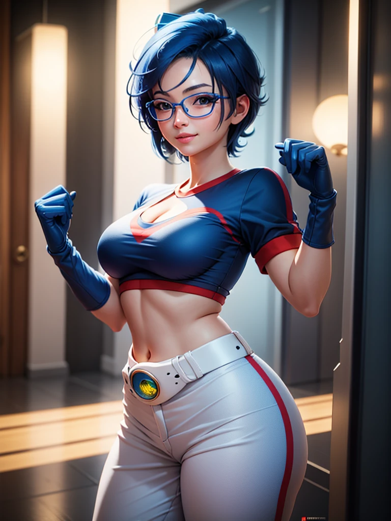(at night), in a video game scene, a background of a beautiful city during the day raining, standing at attention, semi-short blue hair, on her head she has glasses, a blue shirt on her chest she has the face of a smiling frog logo type, big belt at the waist, blue fingerless gloves, white exercise pants ((blue hair)), 1 girl, alone, 20 years old, young woman, perfect hands, beautiful fingers, beautiful long legs, beautiful body, beautiful nose, beautiful character design, perfect face, looking at the viewer with serious gesture (focusing on his face), closed mouth, Light_Smile, official art, extremely detailed CG unity 8k wallpaper, perfect lighting, bright and colorful front lighting, skin glossy (masterpiece: 1.0), (best_quality: 1.0), ultra high resolution, 4K, ultra detailed photography, 8K, HDR, high resolution, nonsense:1.2, Kodak portra 400, film grain, blurred background, bokeh:1.2, lens flare, (vibrant_color:1.2), professional photography, (Beautiful, breasts: 1.4), (beautiful_face: 1.5), (narrow waist),