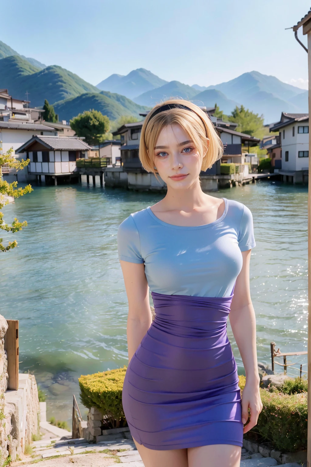 1 woman, adult woman, woman in her 30s, tarankaaa, NOT DASHA TARAN, full body standing, full body head to feet, perfect body, best quality, 32k, photograph, full body (head to toe), tone mapping, ((houjou satoko,short hair,black hairband,blonde hair,violet eyes,hair between eyes, sky blue dress,one piece dress,short sleeves,mid sized breasts,athletic, skinny, accentuated hips and waist)), asian-european, ((golden blonde hair, short hair, purple eyes)) perfectly drawn hands, ((masterpiece)), ((highres)), ((detailed background)), japanese village background, next to a river, (big proportions), cute pose, beautiful smile, ((perfect eyes, detailed eyes, realistic eyes)), ((sharp face, detailed face, realistic face, natural skin, realistic skin, detailed skin, pores)), (real wider legs, truly wider arms)