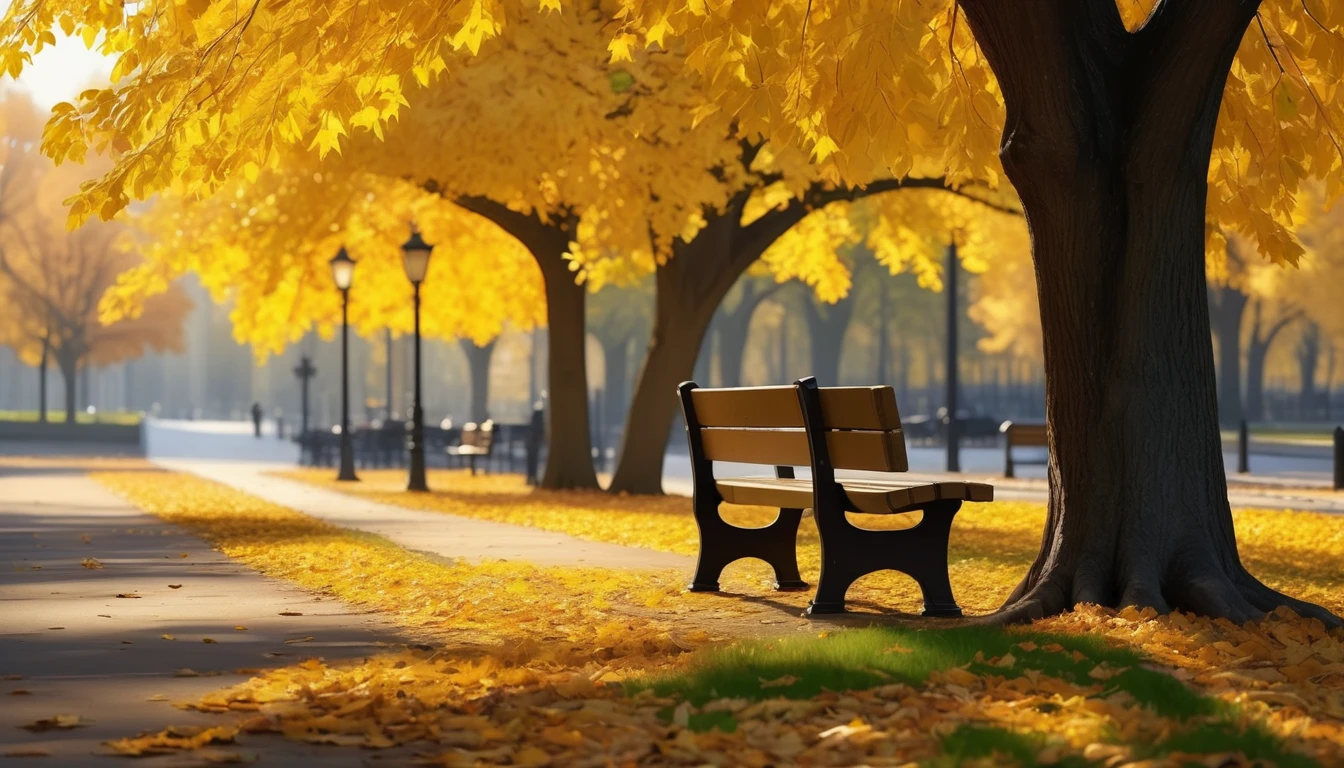 romantic autumn scene, a park bench under a large deciduous tree, yellow leaves falling everywhere, golden hour scene,UHD,(Best Quality),(Masterpiece Photos), (Details:1.4),(8k Highly Detailed)(Best Quality),(Best Shading)