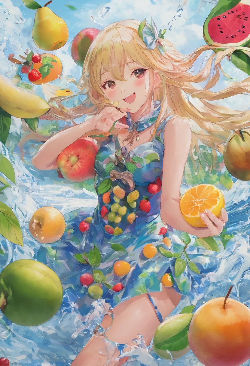 解剖学的に正Shii, Winner of numerous awards, High resolution, masterpiece, High detail, pretty girl、color々Fruit Cosplay、Fruit Dress、juice、Juicy、Rui々Shii、fruits、たくさんのfruits、smile、Uplifting、Vibrant、Run、Wind、water、colorful、Bright Picture