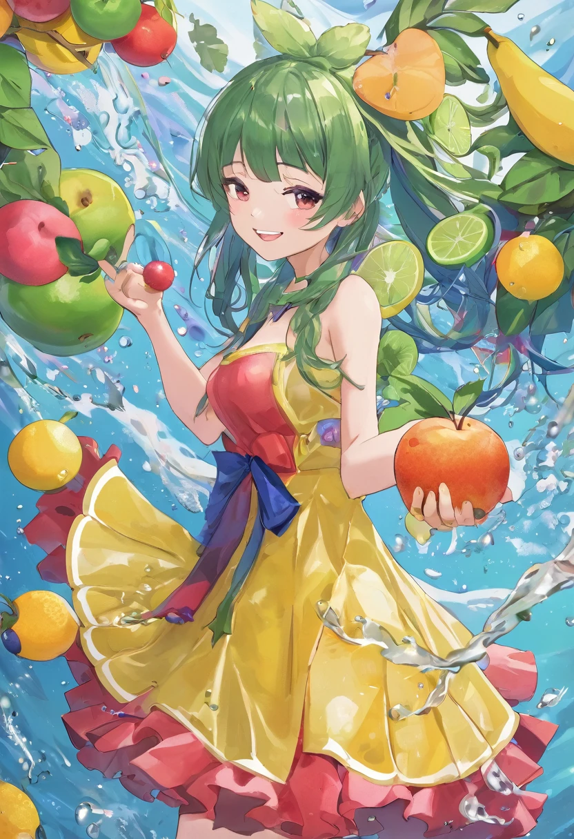 解剖学的に正Shii, Winner of numerous awards, High resolution, masterpiece, High detail, pretty girl、color々Fruit Cosplay、Fruit Dress、juice、Juicy、Rui々Shii、fruits、たくさんのfruits、smile、Uplifting、Vibrant、Run、Wind、water、colorful、Bright Picture