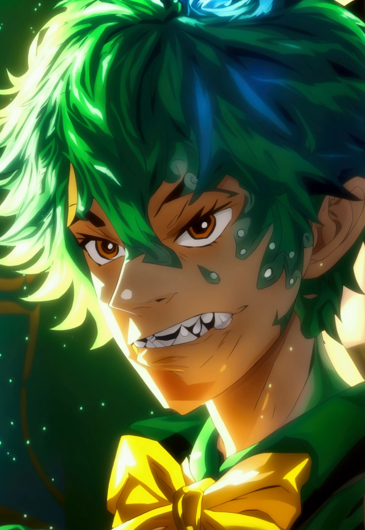 a 17 year old male ager, green jelly skin, brown eyes, blue and green hair, green shirt with black straps, black pants, yellow bowtie, detailed face and body, hyperrealistic, 8k, octane render, cinematic lighting, digital painting, vibrant colors, fantasy, surreal