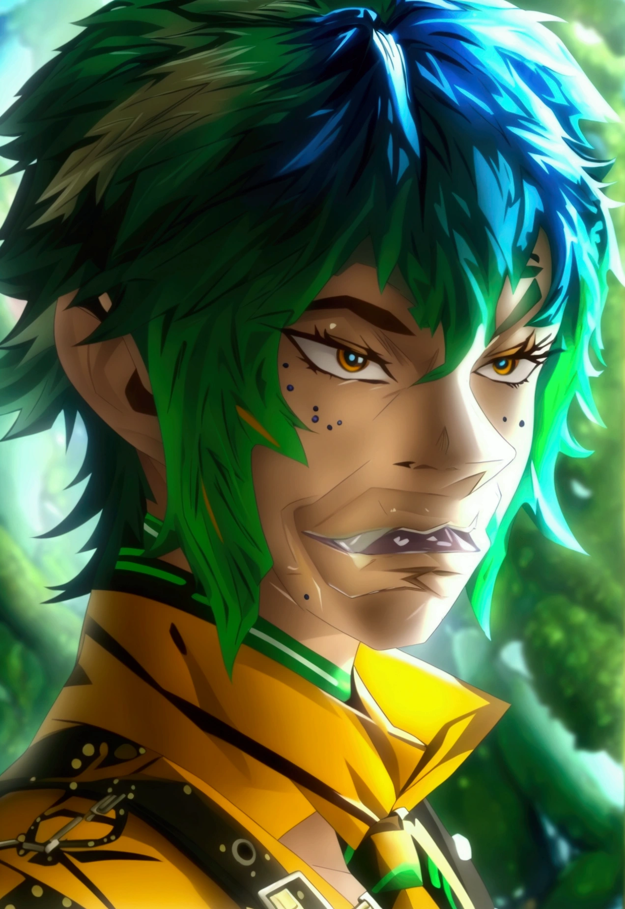 a 17 year old male teenager, green jelly skin, brown eyes, blue and green hair, green shirt with black straps, black pants, yellow bowtie, detailed face and body, hyperrealistic, 8k, octane render, cinematic lighting, digital painting, vibrant colors, fantasy, surreal