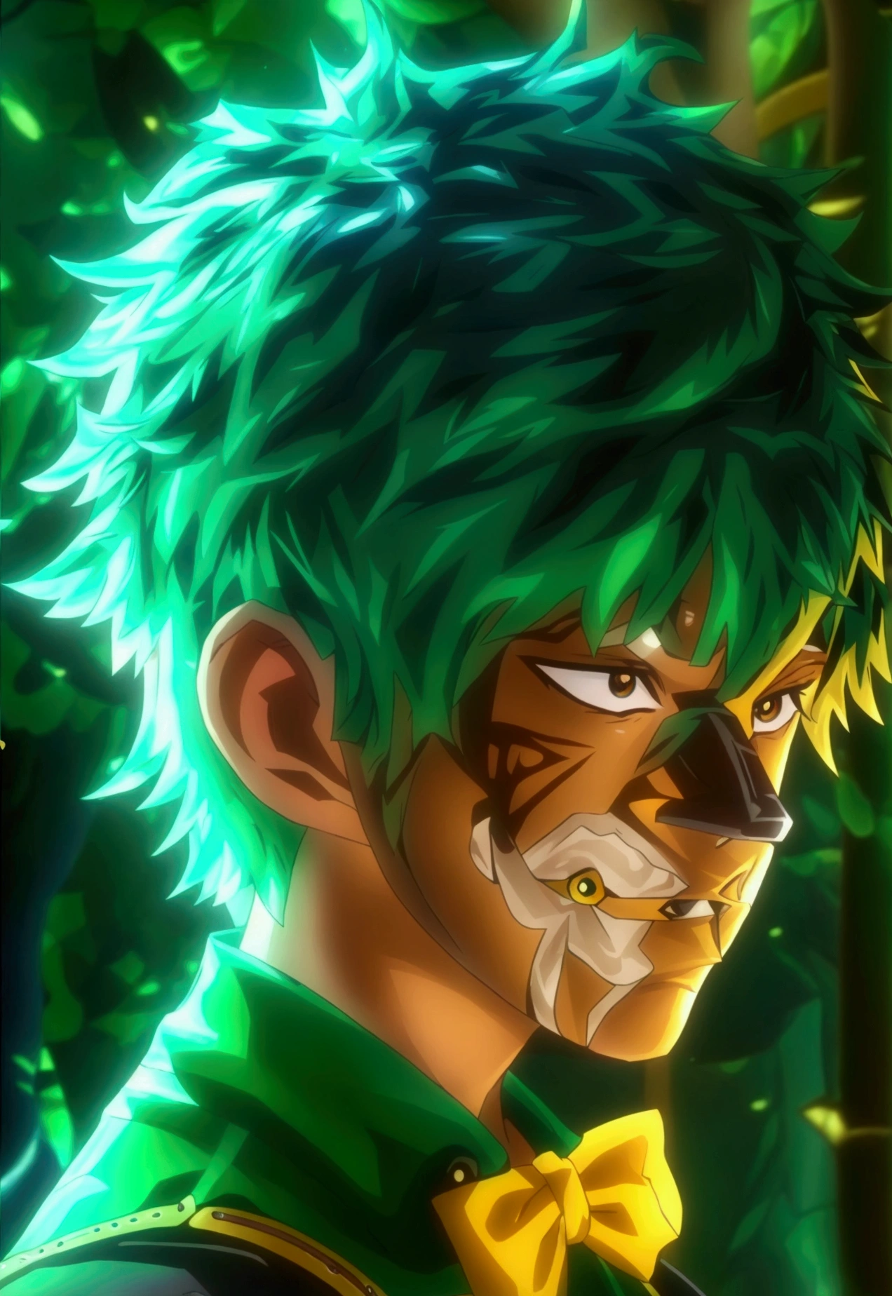 a 17 year old male teenager, green jelly skin, brown eyes, blue and green hair, green shirt with black straps, black pants, yellow bowtie, detailed face and body, hyperrealistic, 8k, octane render, cinematic lighting, digital painting, vibrant colors, fantasy, surreal