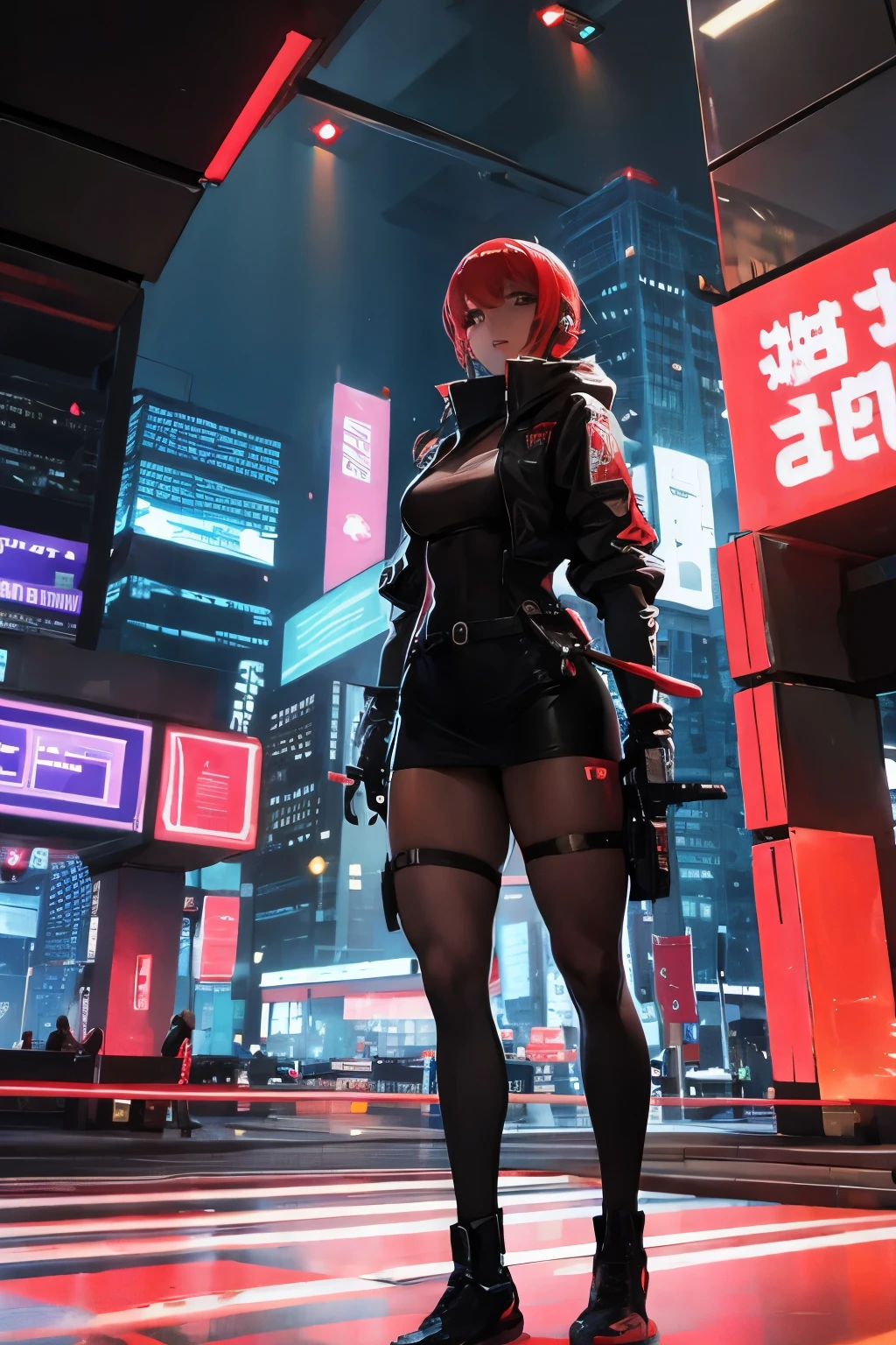 Woman standing in a city, cyberpunk
