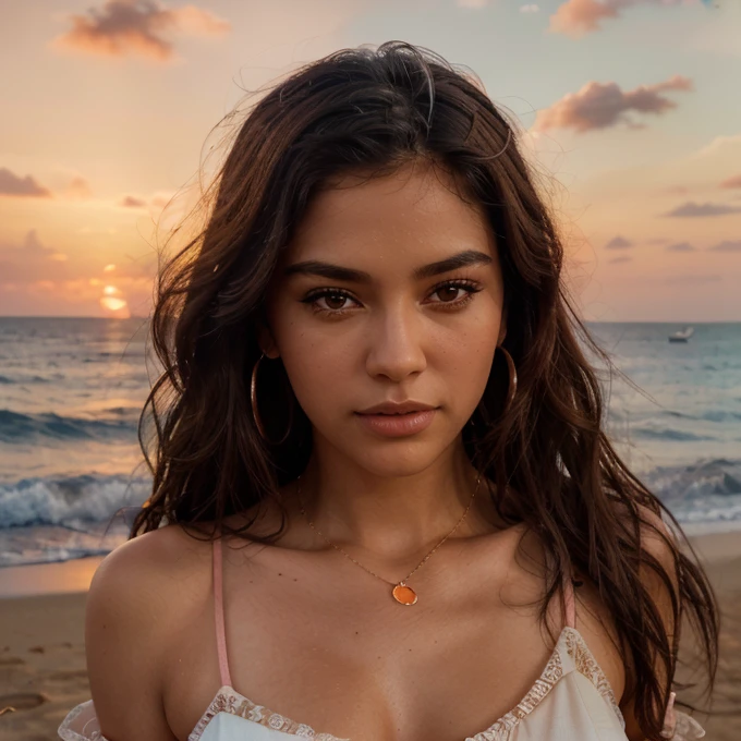 a woman walking on the beach at sunset, long flowing dress, delicate jewelry, beautiful detailed eyes, beautiful detailed lips, extremely detailed face, detailed beach scenery, warm sunset lighting, vibrant colors, (best quality,4k,8k,highres,masterpiece:1.2),ultra-detailed,(realistic,photorealistic,photo-realistic:1.37),detailed beach sand, crashing waves, warm orange and pink sky, detailed palm trees in the background