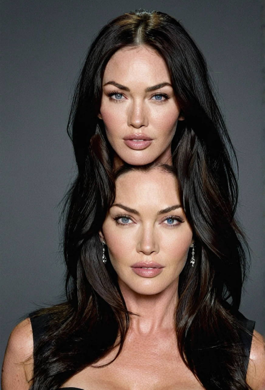 front view, head and shoulders shot, portrait, 1 woman, solo, megan fox, catherine zeta-jones, looking straight on, fusion, merge, combination