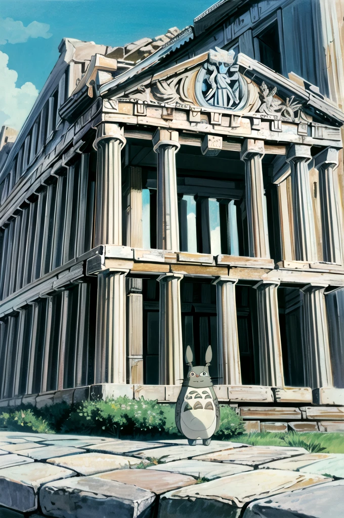 Ghibli style,Greece,((The background is the Parthenon)),((Cute big cat with Totoro ))
