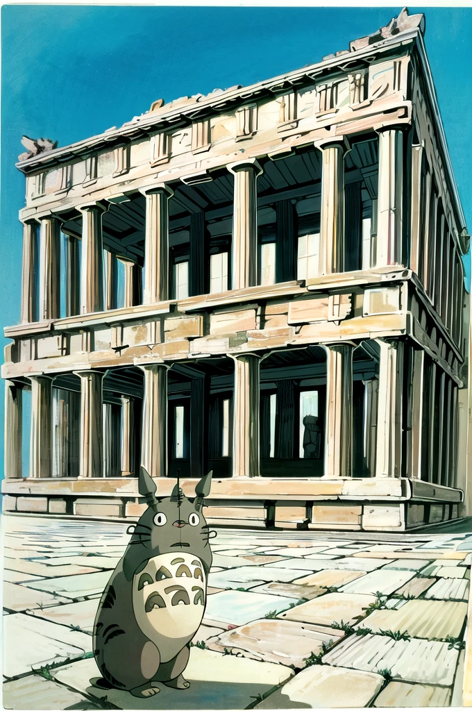 
Ghibli style,Greece,((The background is the Parthenon)),((Cute big cat with Totoro ))