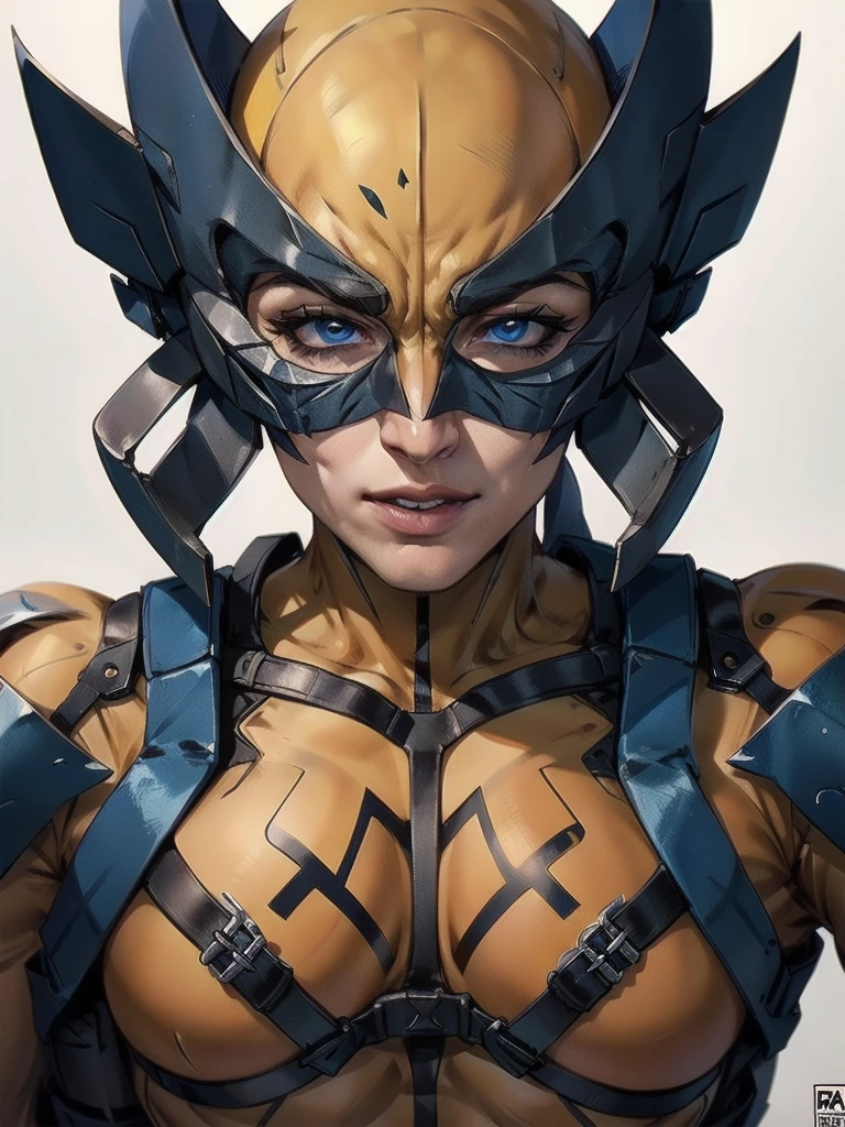 best quality, 16k, extremely detailed, delicate and dynamic, Logan Howlett, Wolverine, yellow bodysuit, blue gloves, (((Unmasked))), (masterpiece), best quality, expressive eyes, (white background:1.5),(((simple background)),  perfect face,  (perfect fingers), detailed eyes, detailed face, ,tshirt design logo,