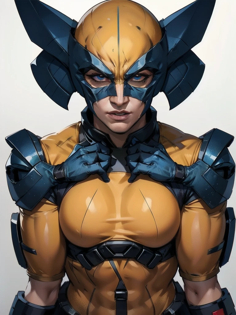 best quality, 16k, extremely detailed, delicate and dynamic, Logan Howlett, Wolverine, yellow bodysuit, blue gloves, (((Unmasked))), (masterpiece), best quality, expressive eyes, (white background:1.5),(((simple background)),  perfect face,  (perfect fingers), detailed eyes, detailed face, ,tshirt design logo,