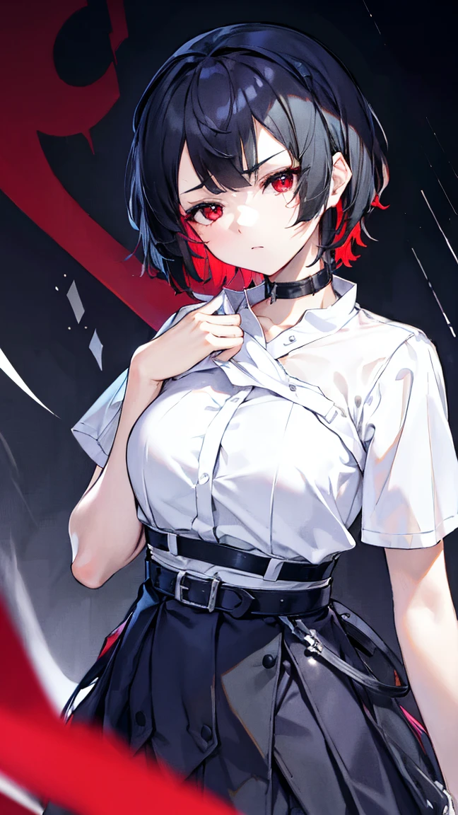 High resolution,High resolution,girl,Black Hair,short hair,Red eyes,Slanted Eyes,Bad mood,boyish,thin,Toned body,Pleated skirt,Dress shirt,Bedroom,choker,the navel sticks out,