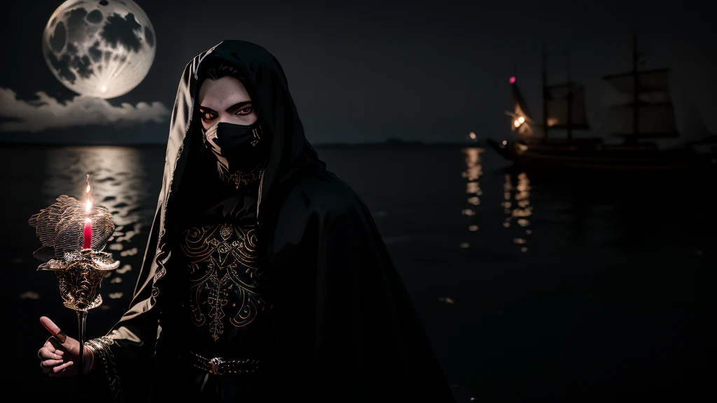 long shot, mystery mask man in black masquerade clothes dancing with a beautiful dress masquerade woman on water, full moon in the night sky, high detail, wide shot, 4K, 3D, REALISTIC, (iridescent glow smoke), UHD, 32K, very bold neon colors, black light, neon light