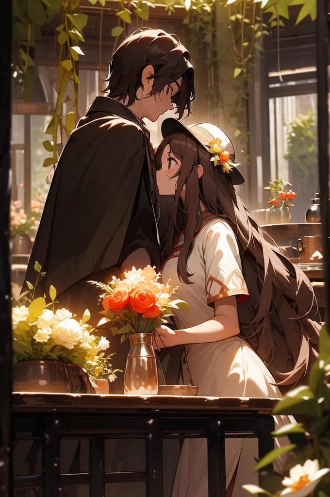 half body photograph of a couple beneaf the vines staring romanticaly at each other, near a tea table, big breasted girl wearing summer hat and short white dress with long white hair, athletic boy with brown hair wearing medieval casual clothes, gaussian blur garden background, flowers