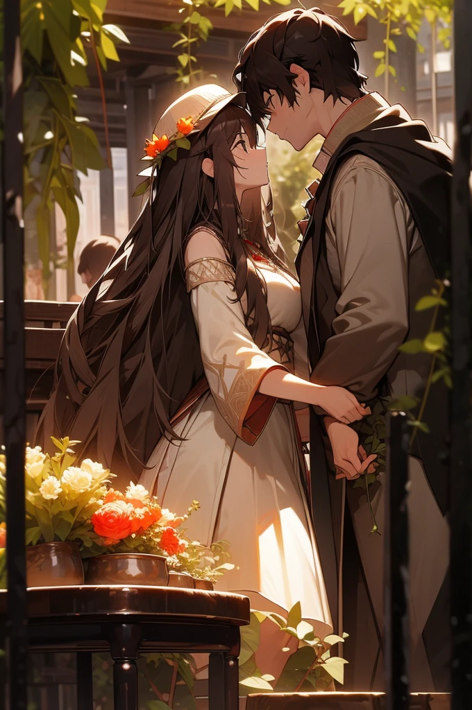 half body photograph of a couple beneaf the vines staring romanticaly at each other, near a tea table, big breasted girl wearing summer hat and short white dress with long white hair, athletic boy with brown hair wearing medieval casual clothes, gaussian blur garden background, flowers