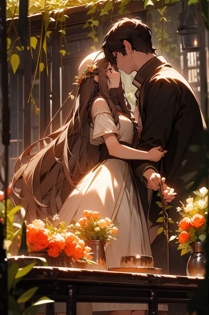 half body photograph of a couple beneaf the vines staring romanticaly at each other, near a tea table, big breasted girl wearing summer hat and short white dress with long white hair, athletic boy with brown hair wearing medieval casual clothes, gaussian blur garden background, flowers