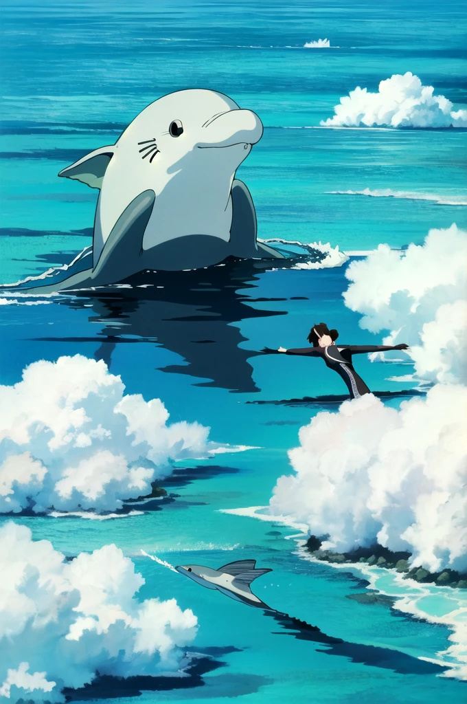 ghibli style, ghibli, A school of dolphins gracefully swimming through open waters, their playful antics captivating all who witness them, (masterpiece,best quality:1.5),