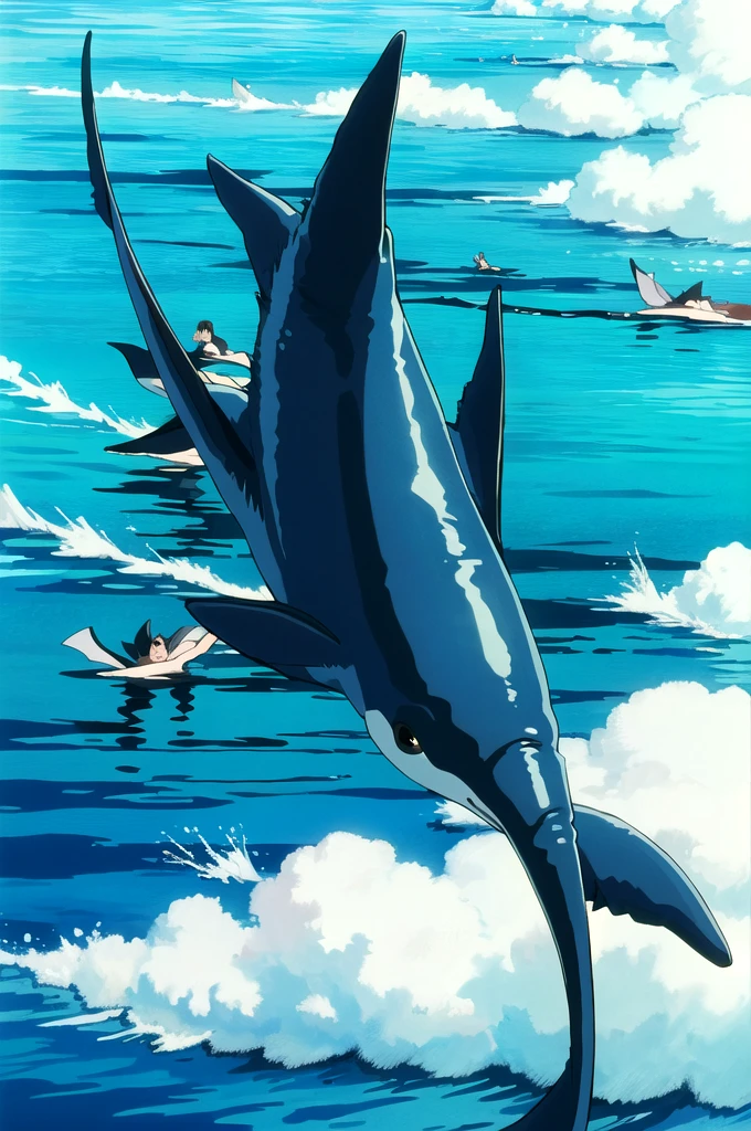ghibli style, ghibli, A school of dolphins gracefully swimming through open waters, their playful antics captivating all who witness them, (masterpiece,best quality:1.5),