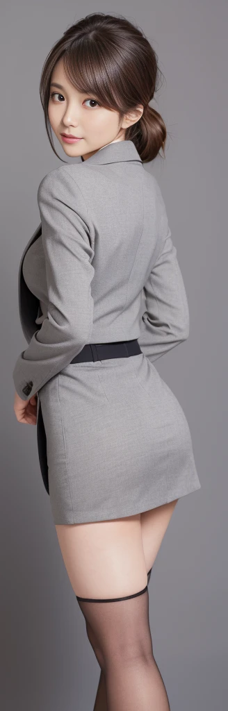 Highest quality, masterpiece, Ultra-high resolution, (Realistic:1.4), RAW Photos, Very detailed, Perfect Anatomy, The most beautiful Japanese female office worker in the world、(Fully detailed face:1.5)、Back view、8 heads、((Accentuate your butt、Draw the whole body:1.4))、((smile、Looking back at the camera:1.4))、Glamorous Body、Perfect Proportions、(((Her beautiful, big, forward leaning postureで、Perfect big ass sticking out for the camera:1.4)))、Very close to the butt、Drawing from the knees up、forward leaning posture、((Shoulder hair、Straight hair:1.4))、 1 girl, Age 25, Most popular Japanese idols, ((Wearing a light grey business suit and a tight pencil mini skirt、Point your butt up):1.2), (He is wearing a light gray business suit over a white dress shirt.。.、Wearing beige pantyhose、transparent pantyhose、Wearing black high heels。.。.。.), 無邪気なsmile, Very cute face like the most famous Japanese idol, very beautiful big black round eyes, ((Very beautiful semi-brown hair)), Very beautiful slender body, Very beautiful breasts, Very beautiful ass in a light gray business mini skirt, Plump thighs、 Draw the whole body、very beautiful Realistic skin, Pay attention to the butt、Turn around and look at the camera、 A business suit with attention to detail, A good quality white dress shirt、The background is the business district、Outdoor