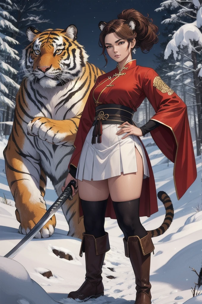 Masterpiece artwork, 4K, highly detailed,high qualiy,beautiful face of J Scott Campbell using ArtCalmV2, Kizi, Kizi tigre, furry, Charismatic, dynamic pose, snowy forest at night, red chinese traditional clothes, white skirt, Brown boots,katana is carefully stored on his hip, has short light brown hair and tiger ears, beyond a tiger&#39;s tail, green eyes reflect a guarded posture and a display of resilience, surrounding environment is a forest landscape at night, illuminated by the dynamic light of the full moon, creating a contrast between the wild and relaxing environment, por Greg Rutkowski,