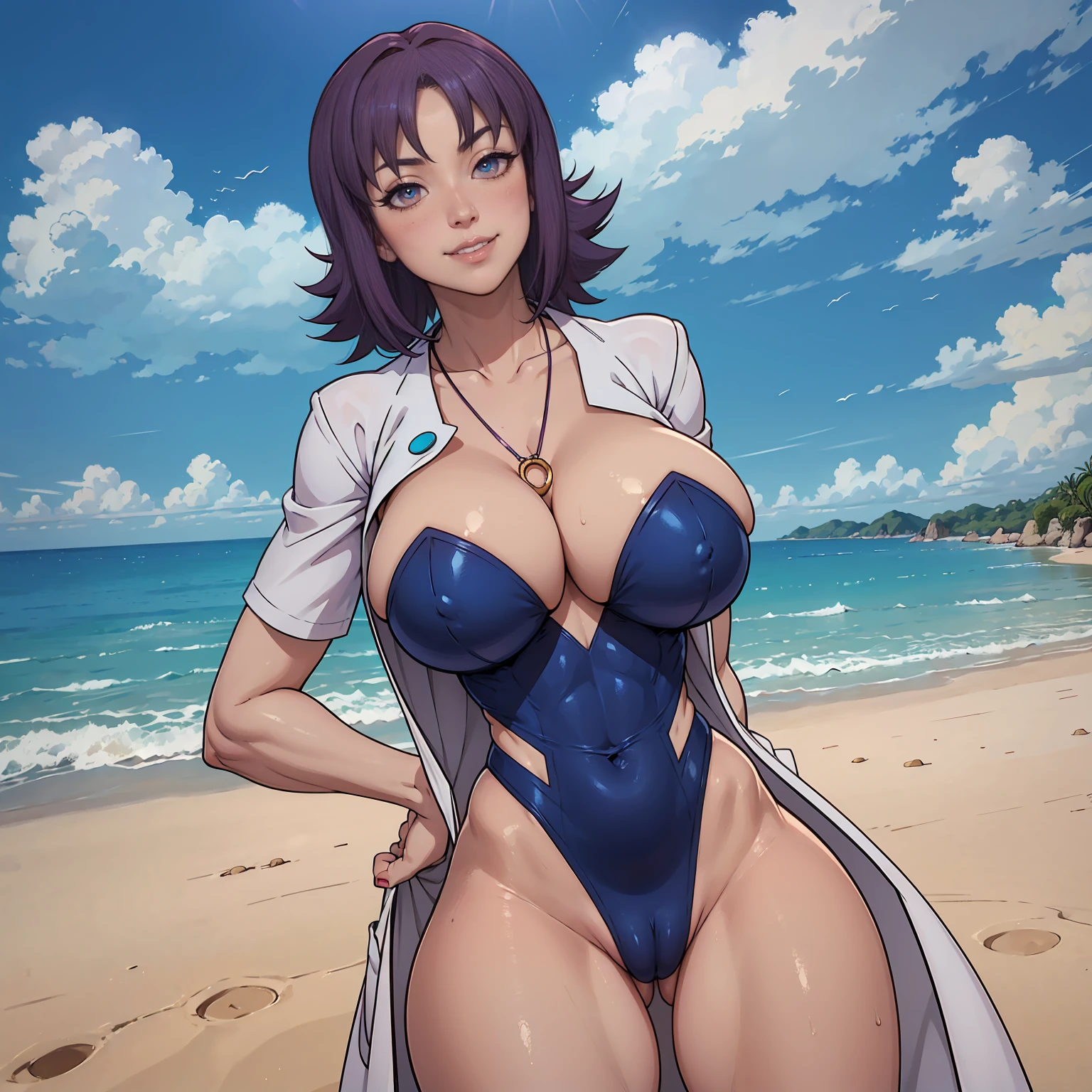 score_9, score_8_up, score_7_up, score_6_up, source_anime, BREAK 1girl, solo,profivy, purple hair, labcoat, necklace, dark blue leotard, looking at viewer, big breasts, beach, blue sky, , looking at you, seductive smile, blush, cameltoe view, cameltoe, View from above, Diagonal view