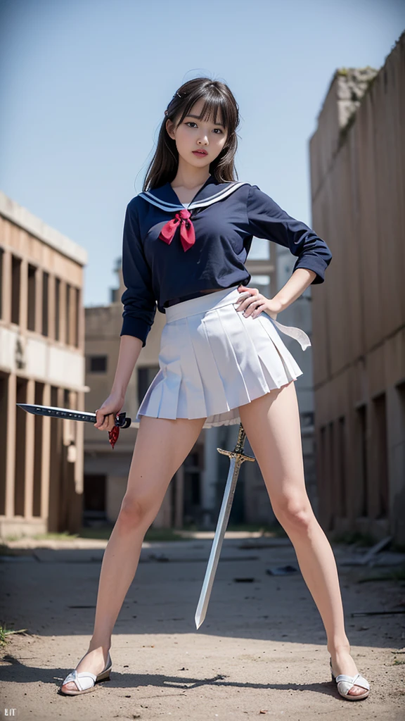 ((Battle Royale in the ruins of the city)), ((Sailor suits and pleated skirts)), (((Holding a dual sword))), Shingen-ryu Secret Stance, (beautiful girl, Baby Face:1.3, Idol Face), (Small and slender figure), (Slender body line), (Beautiful breasts), Small beautiful butt, (Highest quality, 8K, masterpiece:1.2), (Detailed eyes and face:1.3), (Detailed hands), (Reality:1.4), (Professional photography techniques, Cinema Lighting), (View the viewer:1.3), ((Desperate look)), (Ultra-detailed double-edged sword geometry), (Perfect Anatomy:1.3)