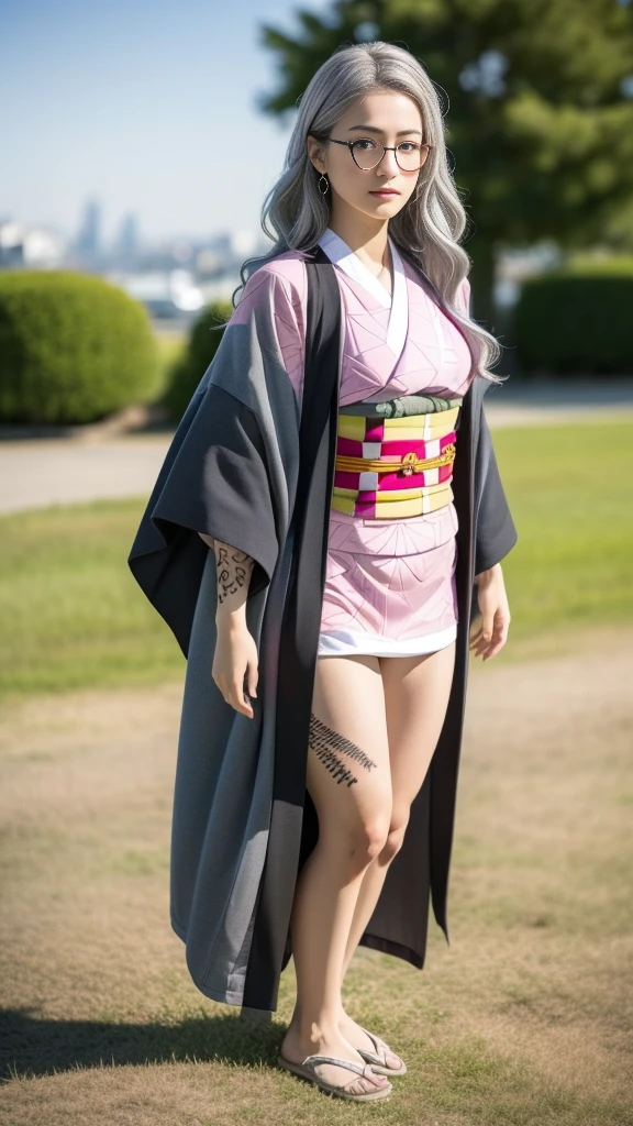 Cute Japanese woman, (), (very cute face), white moist skin, looking at camera, melancholy expression, (pink bright eyes: 1.4), (black frame glasses: 1.3)
BREAK,
Idol, (very beautiful berserker woman: 1.3), (dynamic pose: 1.3),
BREAK,
(wearing pink cute kimono: 1.3), (highly revealing kimono), very large earrings, short length, (has black grass tattoo on body: 1.3),
BREAK,
(long hair), (light gray hair: 1.4), (wavy hair), (gradient hair: 1.3), (red tips: 1.3),
BREAK,
(realistic: 1.3), masterpiece, perfect lighting, (ultra high resolution), (8K), (highly detailed: 1.4), (from the front), (full body: 1.4), (symmetrical: 1.2), (one shot),
BREAK,
(large city in Japan: 1.2),