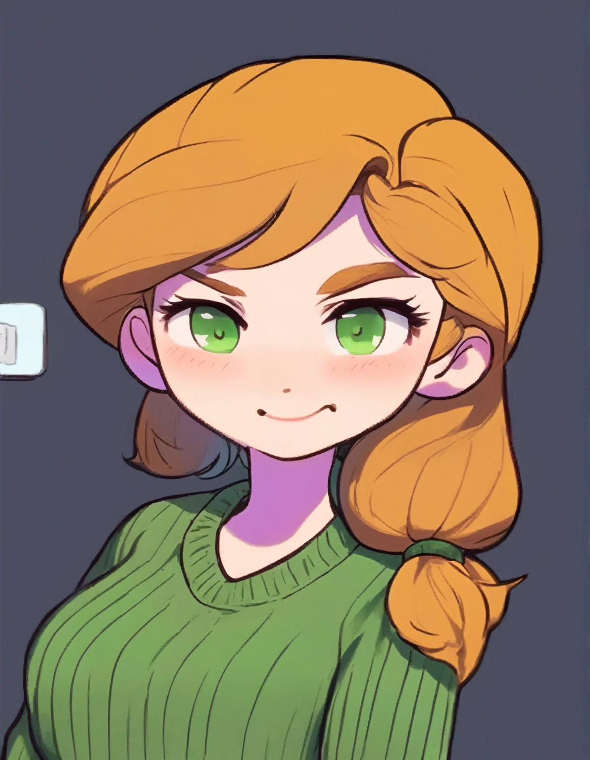 drawing of a woman in a green shirt and a green sweater, she has a cute face e expressivo, Abigail de Stardew Valley, madeline da celeste, [[[[grinning wickedly]]]], she has a cute face, slightly sad facial expression, cel - shaded art style, she has a distant expression, pale round face, bored expression