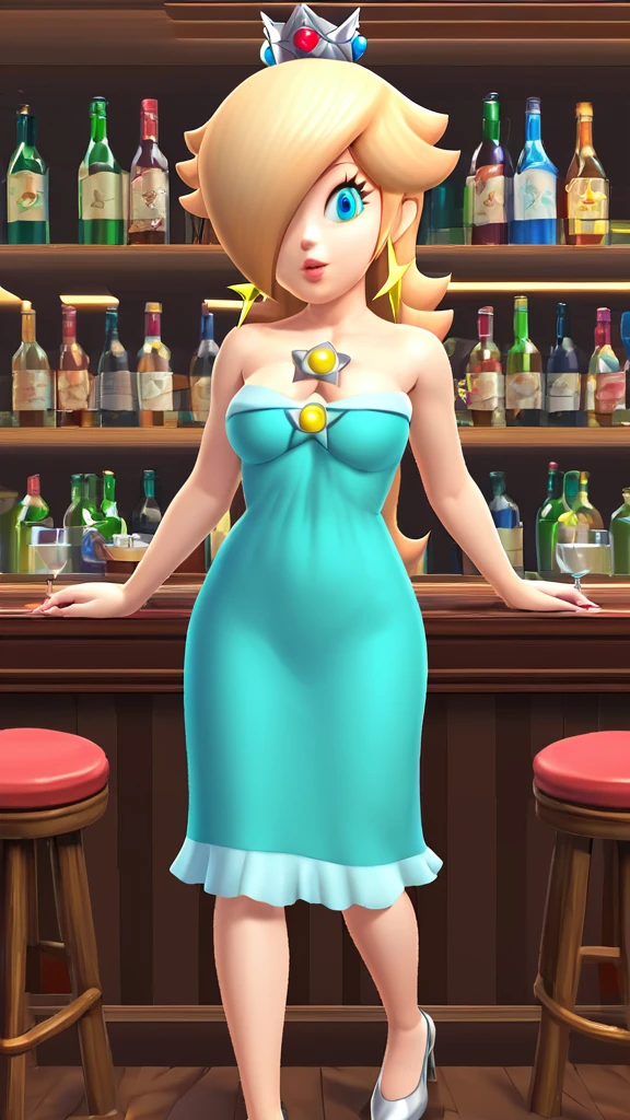 score_9, score_8_up, 1girl, solo, rosalina, style parody, thick outlines, blue dress, sleeveless, strapless, cleavage, indoors, bar, 