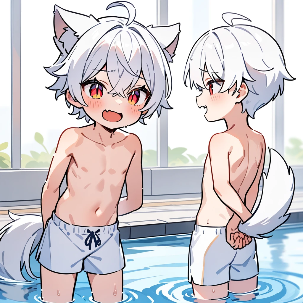 （masterpiece：1.2，high quality），4K，High resolution，A ****-****-*** boy，cute boy， white hair，short hair，crossed bangs，red eyes，slit pupils， ahoge，cat ears，laughing，skin fang，no sports top，Topless，white swimming trunks，Standing in the pool，**********************，thigh，alone，wolf tail，((Hands behind your back))