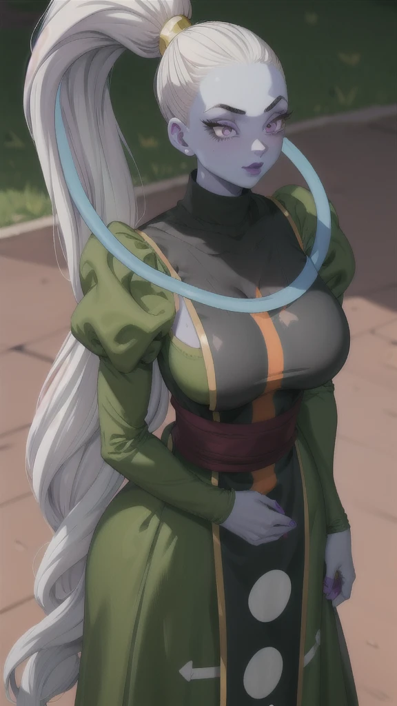 Dress_DragonBallSuper_Vados_ownwaifu, ultra detailed, photo realistic, masterpeace, artgerm style, 
1girl, blue skin, white hair, hair pulled back, high ponytail, purple eyes, colored skin, alien, long hair, very long hair, lipstick, makeup, purple lips, breasts, large breasts, cleavage, down blouse, eyelashes,  jewelry, purple nails,
puffy sleeves, long sleeves, dress, juliet sleeves, sash, green skirt,  puffy long sleeves, turtleneck,
((masterpiece)),((best quality)),(highres, absurdres), original, bokeh, depth_of_field, scenery, spotlight, focused, looking at viewer, solo, cowboy shot,