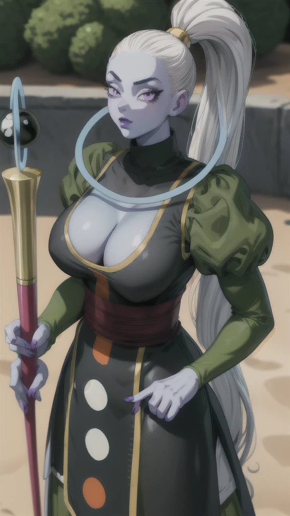 Dress_DragonBallSuper_Vados_ownwaifu, ultra detailed, photo realistic, masterpeace, artgerm style, 
1girl, blue skin, white hair, hair pulled back, high ponytail, purple eyes, colored skin, alien, long hair, very long hair, lipstick, makeup, purple lips, breasts, large breasts, cleavage, down blouse, eyelashes,  jewelry, purple nails,
puffy sleeves, long sleeves, dress, juliet sleeves, sash, green skirt,  puffy long sleeves, turtleneck,
((masterpiece)),((best quality)),(highres, absurdres), original, bokeh, depth_of_field, scenery, spotlight, focused, looking at viewer, solo, cowboy shot,