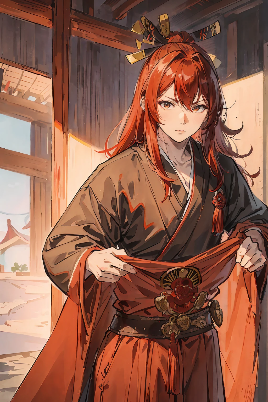Rogue, a red haired , wearing a red samurai armor, medium hair, fasion hair, samurai armor, slim body, shirt ornament, hakama, tall 187cm, 25yearold, samurai, katana