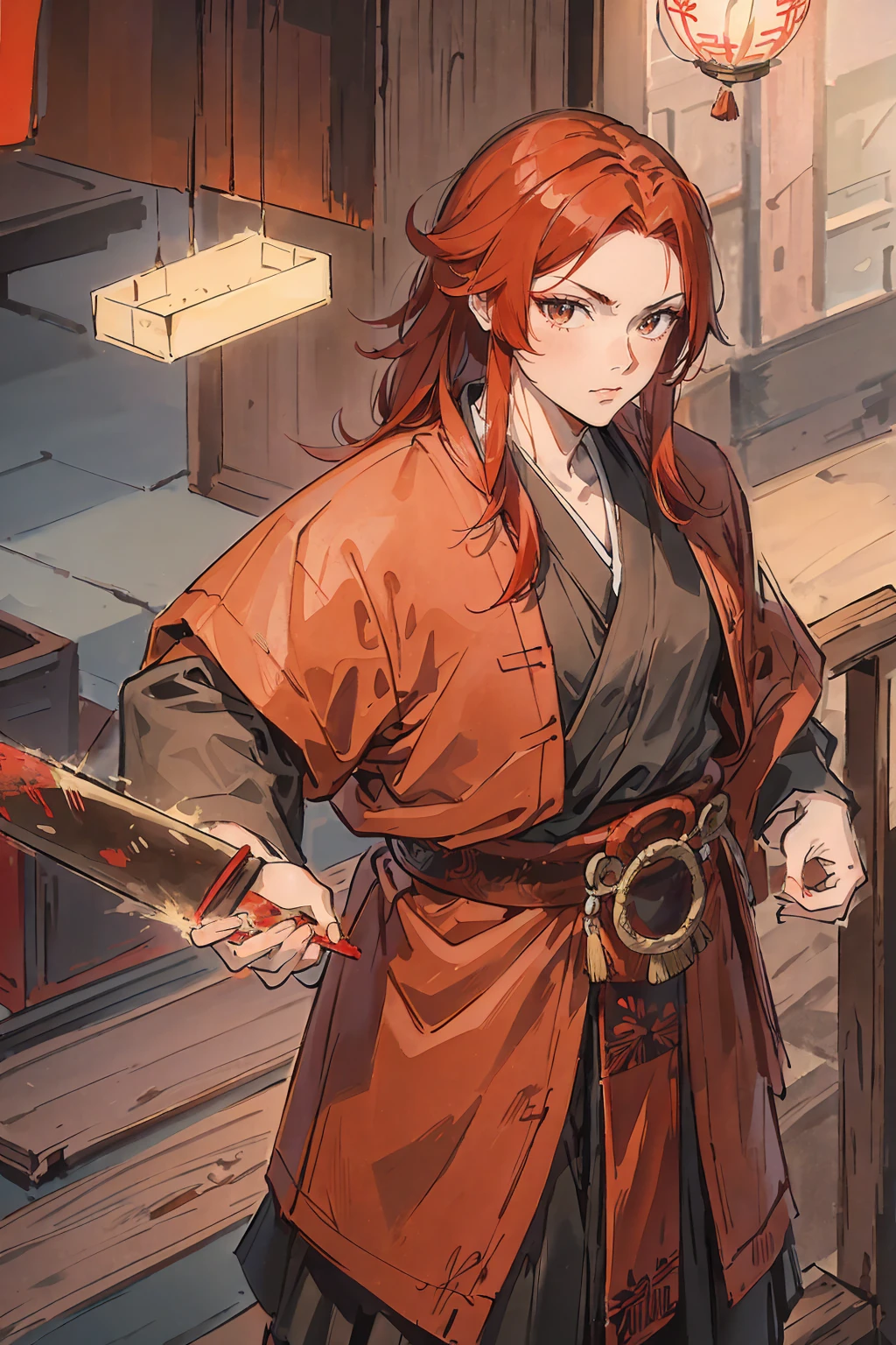 Rogue, a red haired , wearing a red samurai armor, medium hair, fasion hair, samurai armor, slim body, shirt ornament, hakama, tall 187cm, 25yearold, samurai, katana
