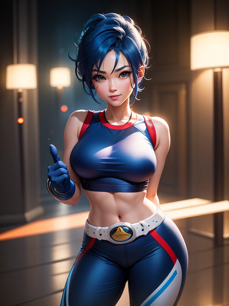 (at night), in a video game scene, a background of a beautiful city during the day raining, standing at attention, semi-short blue hair, on her head she has an object, a blue shirt on her chest has the face of a smiling frog logo type, big belt at the waist, blue fingerless gloves, white exercise pants ((blue hair)), 1 girl, alone, 20 years old, young woman, perfect hands, beautiful fingers, beautiful long legs, beautiful body, beautiful nose, beautiful character design, perfect face, looking at the viewer with serious gesture (focusing on his face), closed mouth, Light_Smile, official art, extremely detailed CG unity 8k wallpaper, perfect lighting, bright and colorful front lighting, skin glossy (masterpiece: 1.0), (best_quality: 1.0), ultra high resolution, 4K, ultra detailed photography, 8K, HDR, high resolution, nonsense:1.2, Kodak portra 400, film grain, blurred background, bokeh:1.2, lens flare, (vibrant_color:1.2), professional photography, (Beautiful, breasts: 1.4), (beautiful_face: 1.5), (narrow waist),
