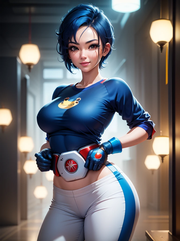 (at night), in a video game scene, a background of a beautiful city during the day raining, standing at attention, semi-short blue hair, on her head she has an object, a blue shirt on her chest has the face of a smiling frog logo type, big belt at the waist, blue fingerless gloves, white exercise pants ((blue hair)), 1 girl, alone, 20 years old, young woman, perfect hands, beautiful fingers, beautiful long legs, beautiful body, beautiful nose, beautiful character design, perfect face, looking at the viewer with serious gesture (focusing on his face), closed mouth, Light_Smile, official art, extremely detailed CG unity 8k wallpaper, perfect lighting, bright and colorful front lighting, skin glossy (masterpiece: 1.0), (best_quality: 1.0), ultra high resolution, 4K, ultra detailed photography, 8K, HDR, high resolution, nonsense:1.2, Kodak portra 400, film grain, blurred background, bokeh:1.2, lens flare, (vibrant_color:1.2), professional photography, (Beautiful, breasts: 1.4), (beautiful_face: 1.5), (narrow waist),
