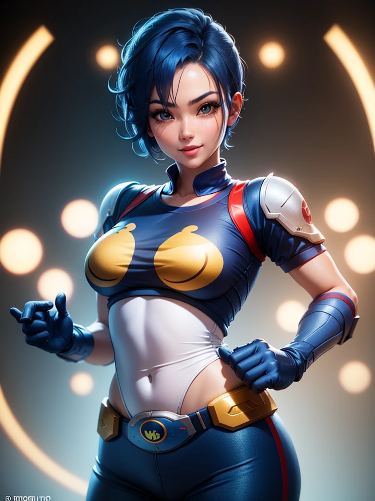 (at night), in a video game scene, a background of a beautiful city during the day raining, standing at attention, semi-short blue hair, on her head she has an object, a blue shirt on her chest has the face of a smiling frog logo type, big belt at the waist, blue fingerless gloves, white exercise pants ((blue hair)), 1 girl, alone, 20 years old, young woman, perfect hands, beautiful fingers, beautiful long legs, beautiful body, beautiful nose, beautiful character design, perfect face, looking at the viewer with serious gesture (focusing on his face), closed mouth, Light_Smile, official art, extremely detailed CG unity 8k wallpaper, perfect lighting, bright and colorful front lighting, skin glossy (masterpiece: 1.0), (best_quality: 1.0), ultra high resolution, 4K, ultra detailed photography, 8K, HDR, high resolution, nonsense:1.2, Kodak portra 400, film grain, blurred background, bokeh:1.2, lens flare, (vibrant_color:1.2), professional photography, (Beautiful, breasts: 1.4), (beautiful_face: 1.5), (narrow waist),
