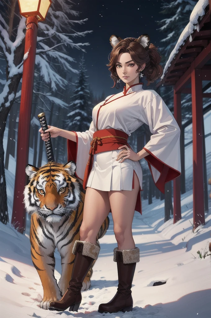 Masterpiece artwork, 4K, highly detailed,high qualiy,beautiful face of J Scott Campbell using ArtCalmV2, Kizi, furry, Charismatic, dynamic pose, snowy forest at night, red chinese traditional clothes, white skirt, Brown boots,katana is carefully stored on his hip, has short light brown hair and tiger ears, beyond a tiger&#39;s tail, green eyes reflect a guarded posture and a display of resilience, surrounding environment is a forest landscape at night, illuminated by the dynamic light of the full moon, creating a contrast between the wild and relaxing environment, por Greg Rutkowski,