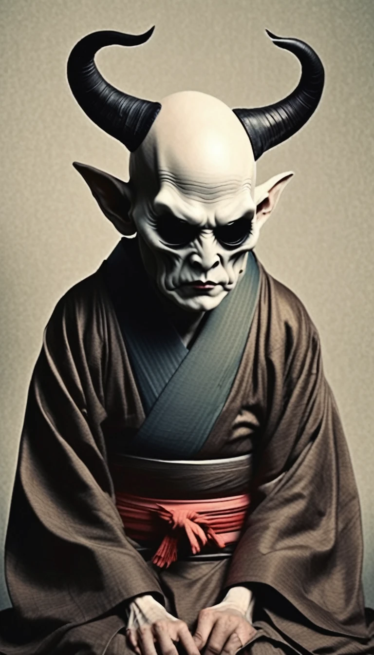 ghost、Bald Head、Only the head is abnormally large、There is a huge lump on his forehead,The huge hump is reddish-black in color.,It has two large horns、Are crying、Wearing a kimono,Dirty skin color、