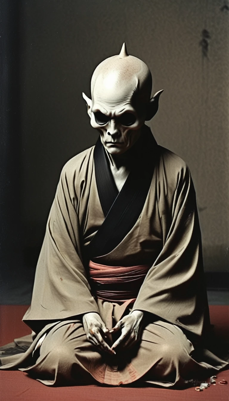 ghost、Bald Head、Only the head is abnormally large、There is a huge lump on his forehead,The huge ???? is reddish-black in color.,It has two large horns、Are crying、Wearing a kimono,Dirty skin color、