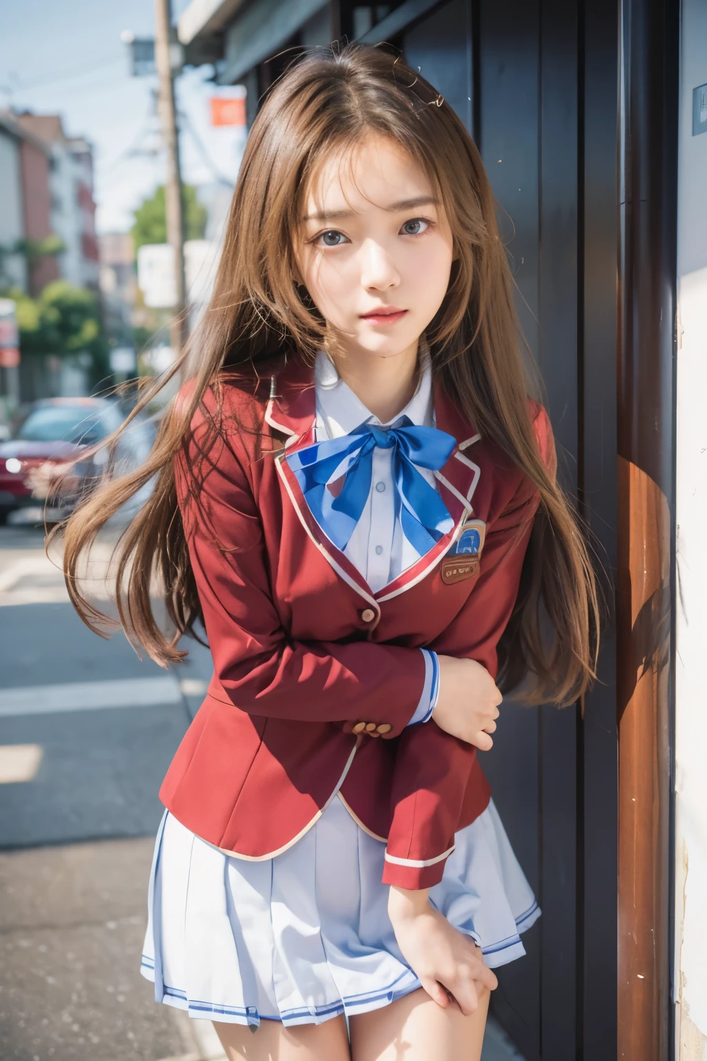 Chiaki Matsushita, classroom of the elite, famale, long brown hair:1.2, blue eyes, friendly face, Asian face, red highschool uniform clothes, aestetik light effect, (high resolution), (ultra-detailed1.2), (masterpiece), (best quality)