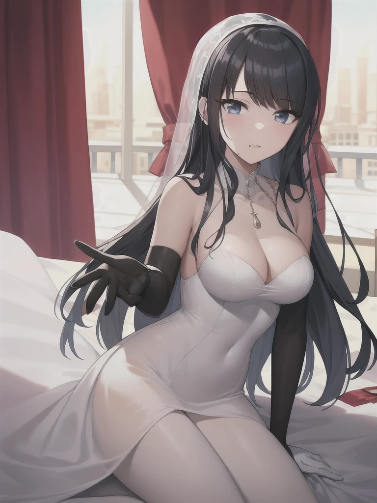 (in hotel, masterpiece, best quality:1.2), 1girl, (modify body), waving hair, ((elbow gloves)), wedding, marriage ceremony