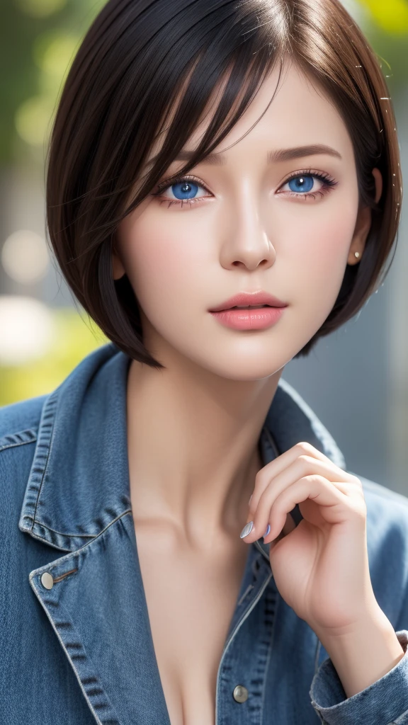 (best quality:1.5, highres, UHD, 4K, detailed eyes, detailed lighting, detailed hair, shaders), black hair, bob cut, hair covering one eye, cool woman, cool girl, sharp eyes, blue eyes, beautiful, large breasts, casual clothes, (pov, close shot)