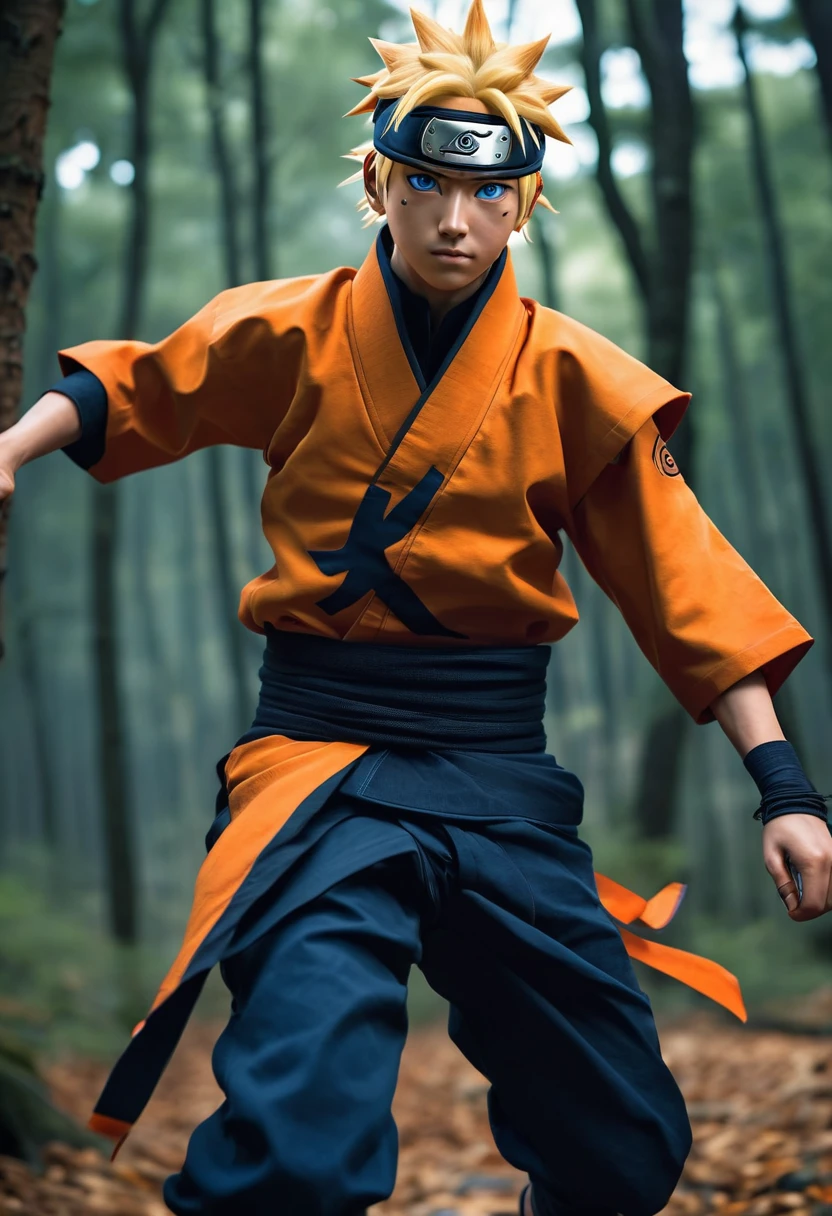 Naruto Uzumaki dressed in his traditional outfit, detailed facial features, expressive eyes and lips, strong and determined expression, spiky blond hair, wearing his orange and black ninja costume with a high collar, Naruto headband with the Konoha symbol, dark blue pants, and sandals, dynamic action pose, running in a forest, leaping across tree branches, shurikens and kunais in hand, energetic atmosphere, comic book style, cell shading effect, vibrant colors, contrasting orange and blue tones, dramatic lighting (best quality, highres), emphasis on shadows and highlights, crisp details and textures, HD rendering, perfectly rendered muscles and clothing, meticulously drawn facial expressions, particular attention to his blue eyes, conveying his spirit and resilience.